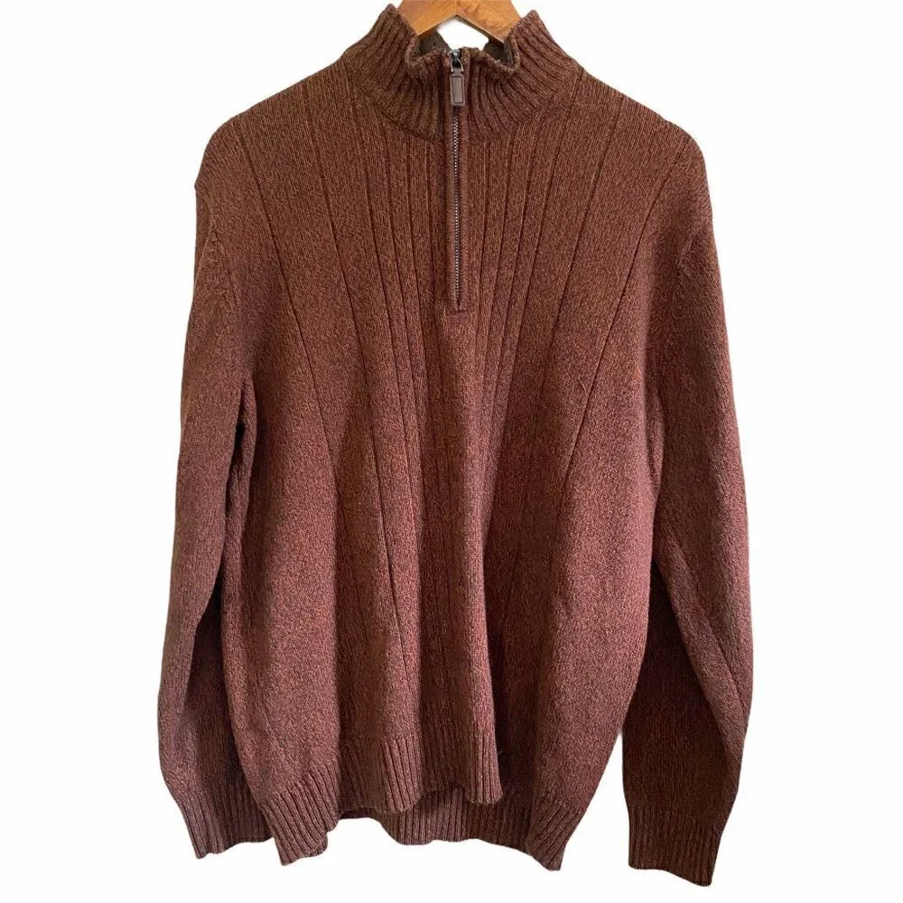 Oscar De La Renta Men's Ribbed Brown 1/4 Zip Long Sleeve Knit Sweater Size XL